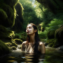 A beautiful, tall Korean girl with a detailed and realistic face, bathing in a clear forest stream amidst breathtaking nature.