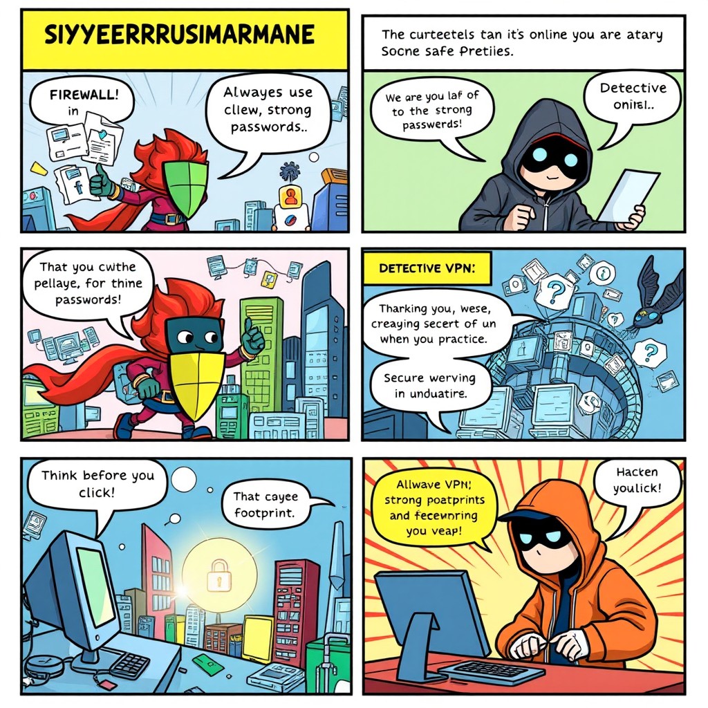 A colorful comic strip focused on cybersecurity featuring characters like a heroic Firewall, a clever Detective VPN, and a mischievous Hacker