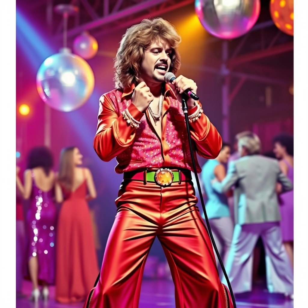 A well-coiffed disco singer from the disco era, wearing wide-bottom pants and holding a microphone passionately