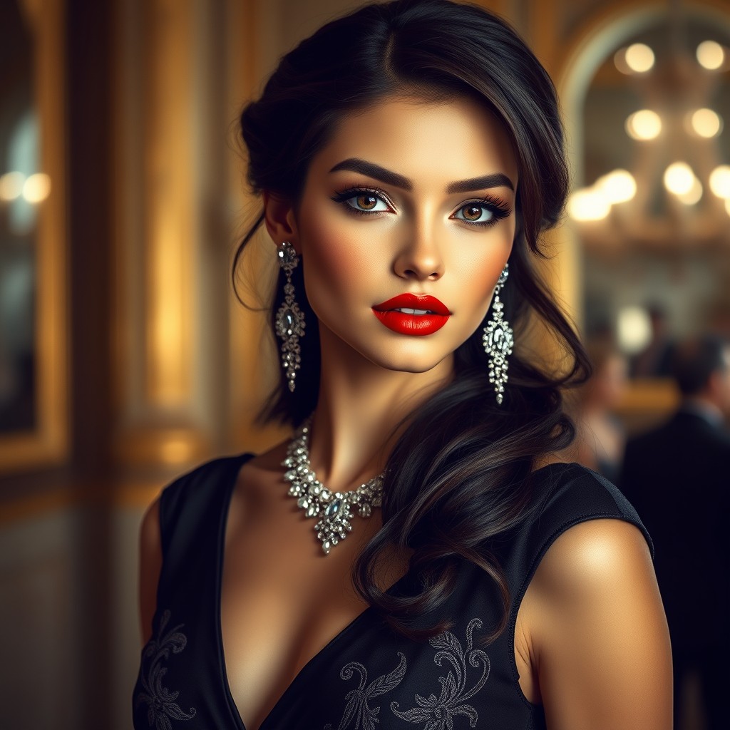 A beautiful rich girl with dark hair and striking red lips, adorned in an elegant dress that exudes luxury