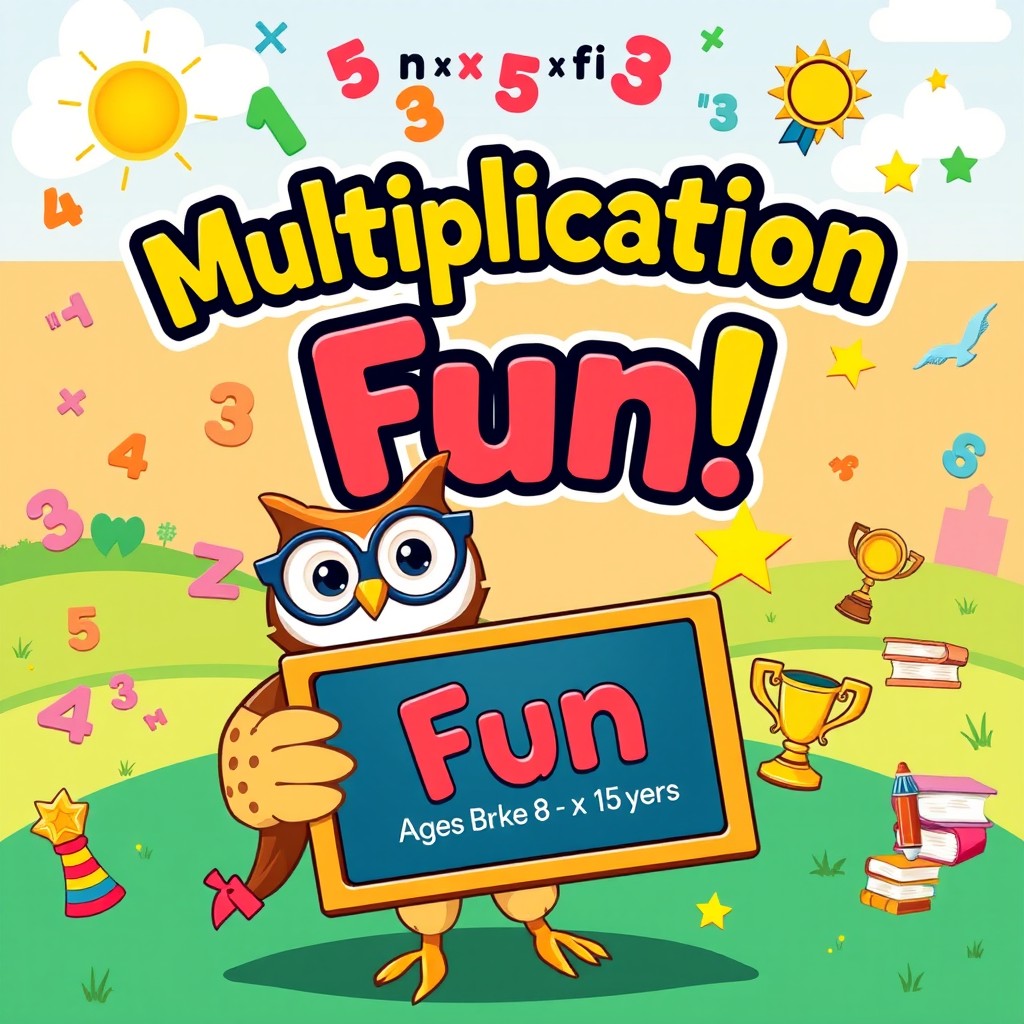 A colorful and engaging book cover for a multiplication practice book targeted at children aged 8 to 15 years