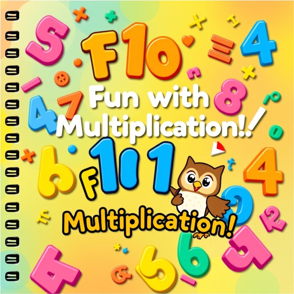 A vibrant and engaging cover design for a math multiplication workbook, featuring colorful numbers and mathematical symbols playfully arranged across the cover
