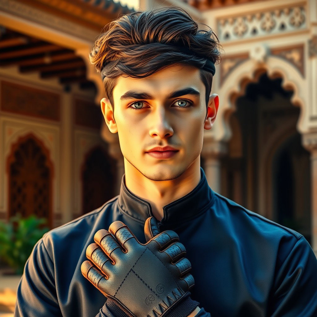A handsome young Arab man with striking blue eyes, dressed in traditional attire complemented by stylish gloves