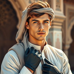 A handsome young Arab man with striking blue eyes, dressed in traditional attire complemented by stylish gloves