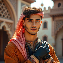A handsome young Arab man with striking blue eyes, dressed in traditional attire complemented by stylish gloves