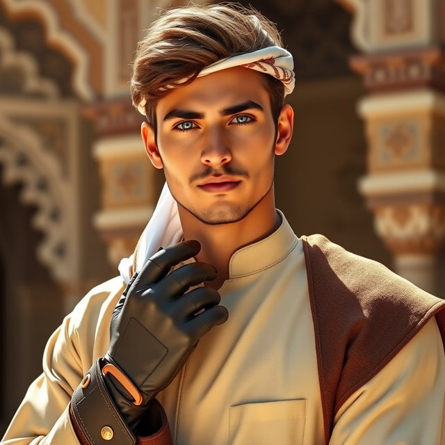 A handsome young Arab man with striking blue eyes, dressed in traditional attire complemented by stylish gloves