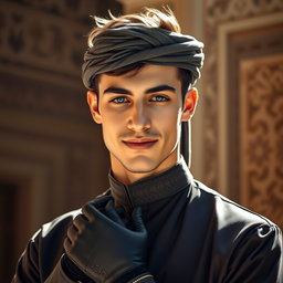A strikingly handsome young Arab man with captivating blue eyes, wearing elegant traditional attire, stylish gloves, and a fashionable mask that adds an air of mystery