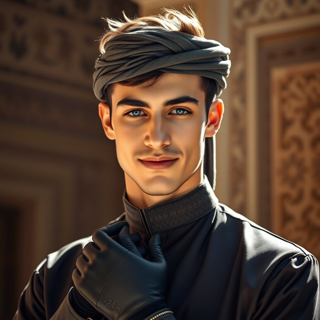 A strikingly handsome young Arab man with captivating blue eyes, wearing elegant traditional attire, stylish gloves, and a fashionable mask that adds an air of mystery