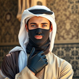 A strikingly handsome young Arab man with captivating blue eyes, wearing elegant traditional attire, stylish gloves, and a fashionable mask that adds an air of mystery