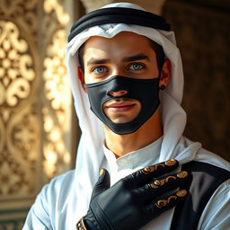 A strikingly handsome young Arab man with captivating blue eyes, wearing elegant traditional attire, stylish gloves, and a fashionable mask that adds an air of mystery
