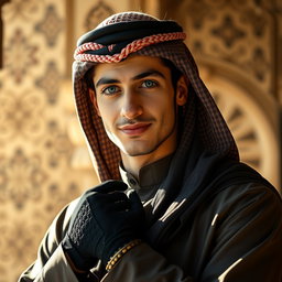 A strikingly handsome young Arab man with captivating blue eyes, wearing elegant traditional attire, stylish gloves, and a fashionable mask that adds an air of mystery