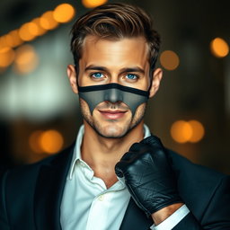 A handsome man with captivating blue eyes, dressed elegantly, wearing stylish gloves and a fashionable mask that adds an air of intrigue
