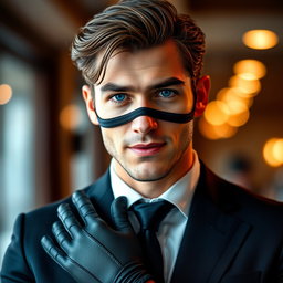 A handsome man with captivating blue eyes, dressed elegantly, wearing stylish gloves and a fashionable mask that adds an air of intrigue