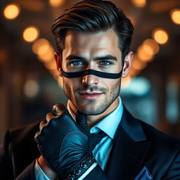 A handsome man with captivating blue eyes, dressed elegantly, wearing stylish gloves and a fashionable mask that adds an air of intrigue