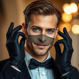 A handsome man with captivating blue eyes, dressed elegantly, wearing stylish gloves and a fashionable mask that adds an air of intrigue
