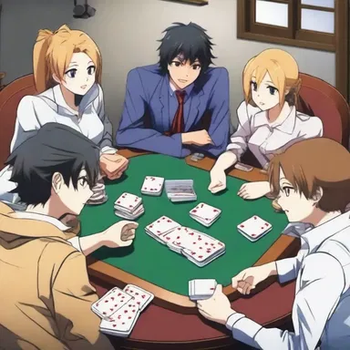 The characters in the anime series gather around a table, excitedly ready to play a game of euchre.