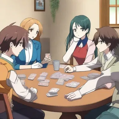 The characters in the anime series gather around a table, excitedly ready to play a game of euchre.