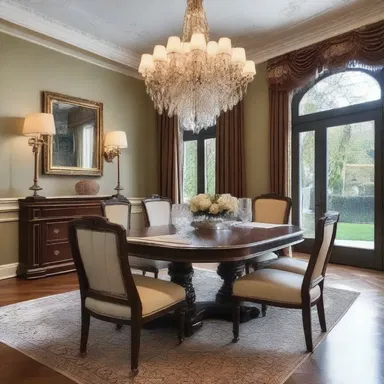 The elegant dining room in the Victorian-style mansion featured a table set up for a game of euchre, adding a touch of sophistication to the interior design.