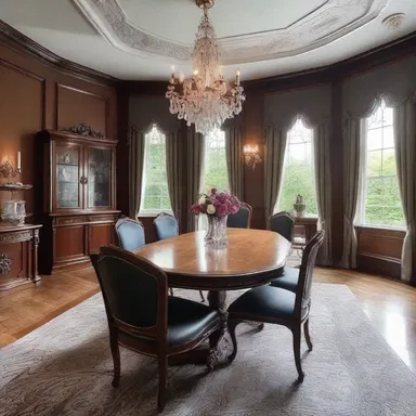 The elegant dining room in the Victorian-style mansion featured a table set up for a game of euchre, adding a touch of sophistication to the interior design.