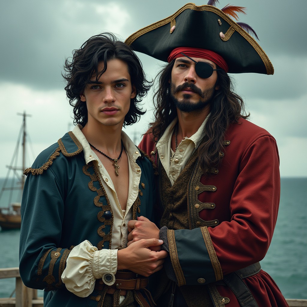 A pirate standing confidently, wearing a classic tricorn hat adorned with decorative feathers, a single black eyepatch, and a detailed 1600s pirate outfit featuring a frayed coat and ruffled shirt