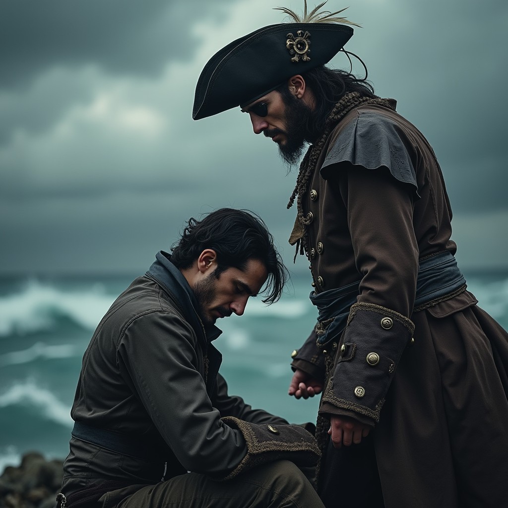 A fierce pirate standing tall, wearing a classic tricorn hat decorated with a feather, a single black eyepatch, and an ornate 1600s pirate outfit complete with a rugged coat and a ruffled shirt
