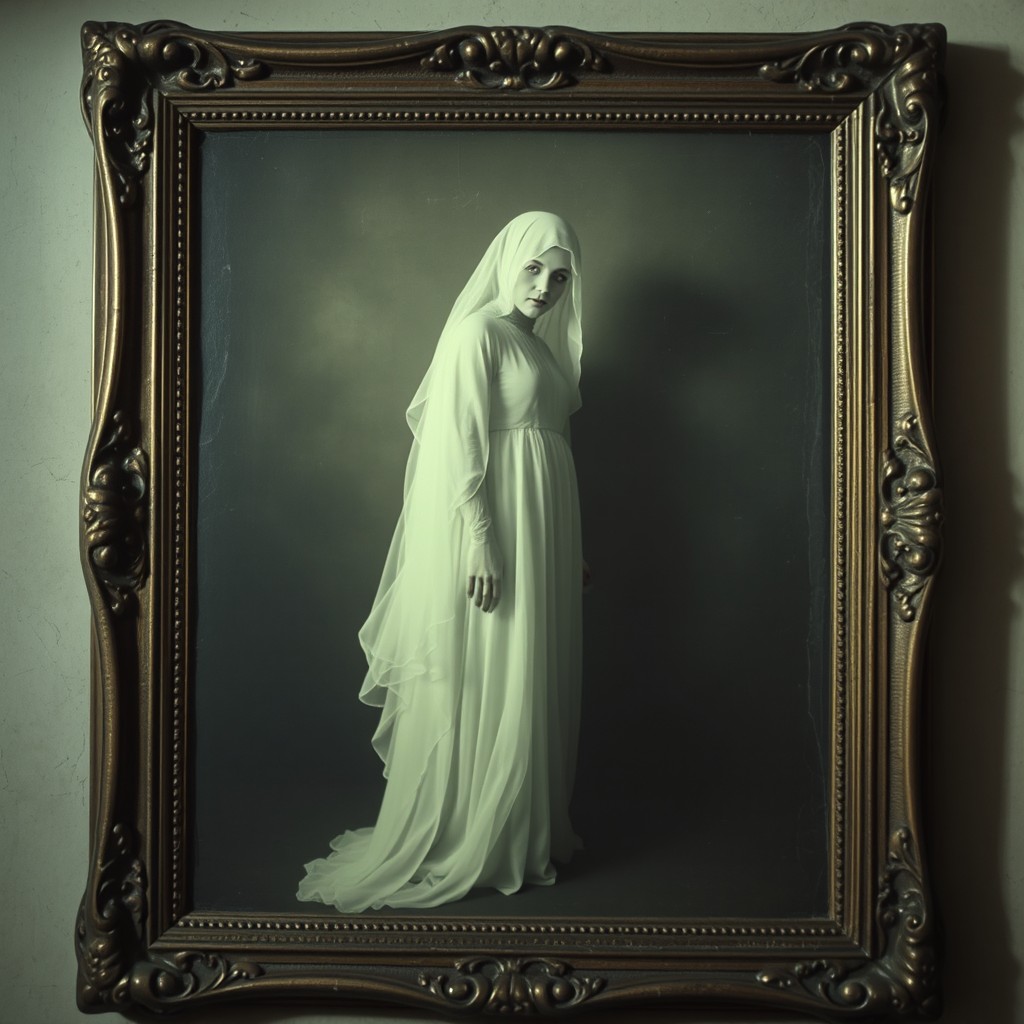 A late 19th century style photograph featuring a ghostly figure of a woman, embodying a spectral and ethereal presence, suitable for a haunted house theme