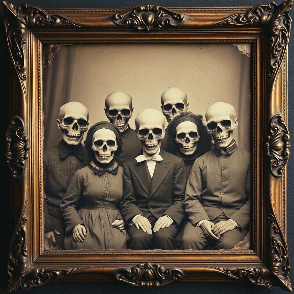 A vintage 19th century photograph with an aged appearance, featuring a group of people whose faces resemble skulls, creating a spooky and haunting effect ideal for a haunted house theme