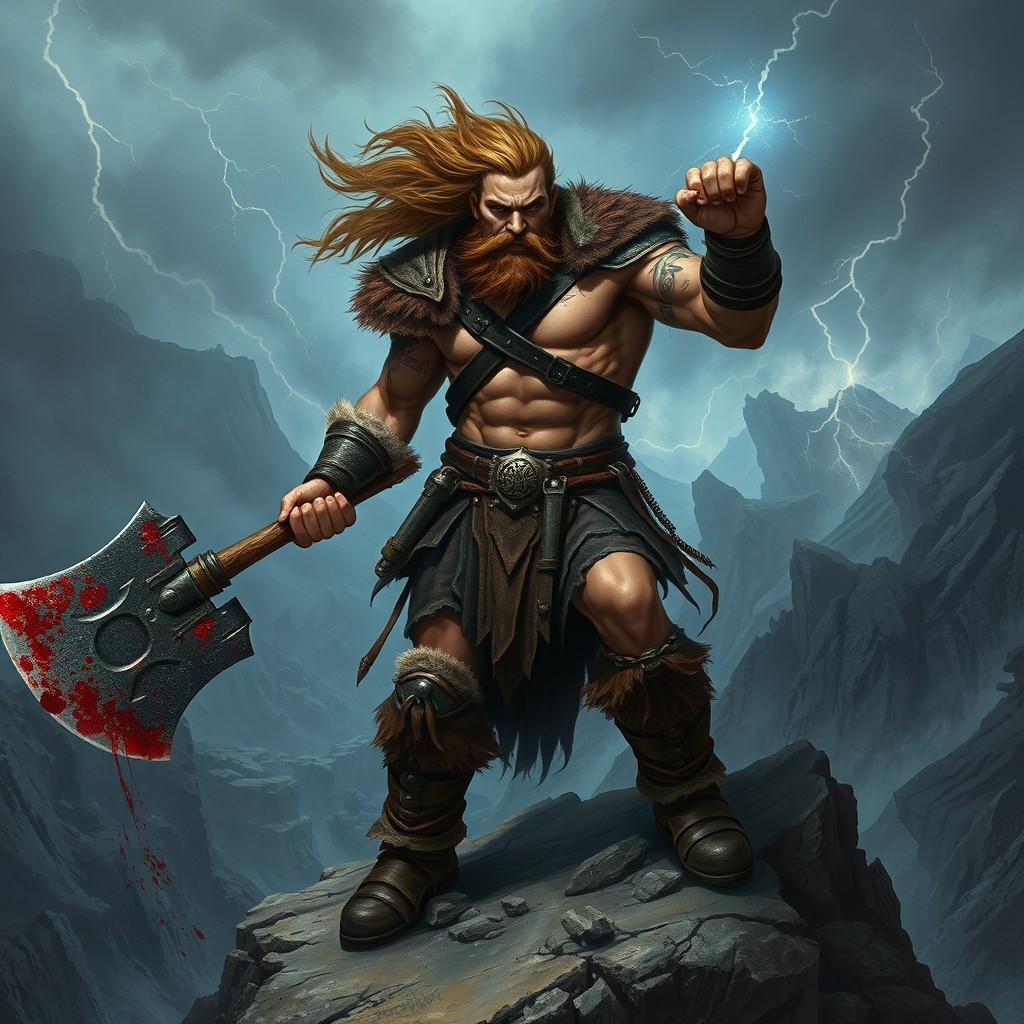 A powerful berserker in a dark fantasy setting, clad in rugged leather armor, wielding a massive, bloodstained axe