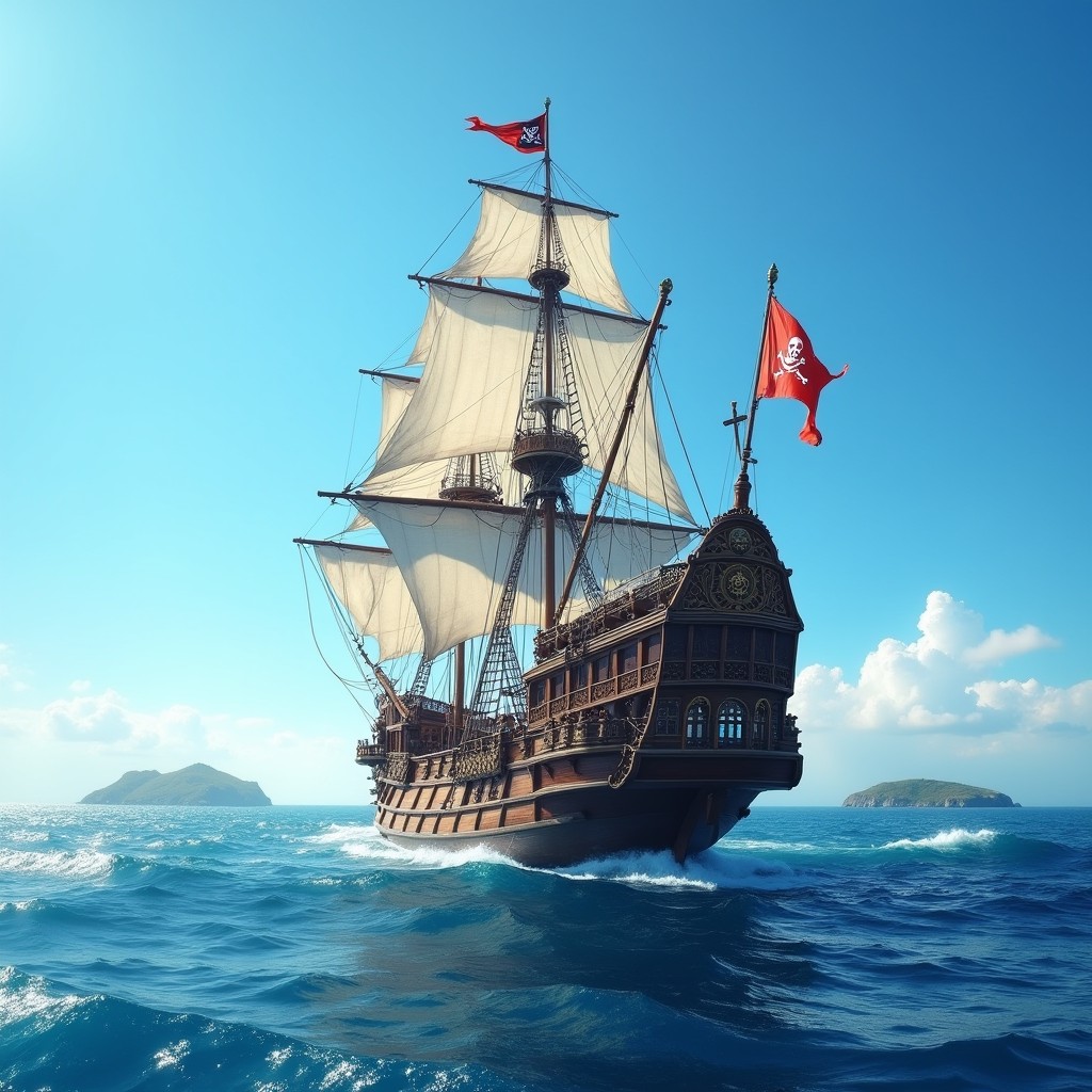A majestic pirate ship sailing on the open sea, its sails billowing in the wind against a bright blue sky