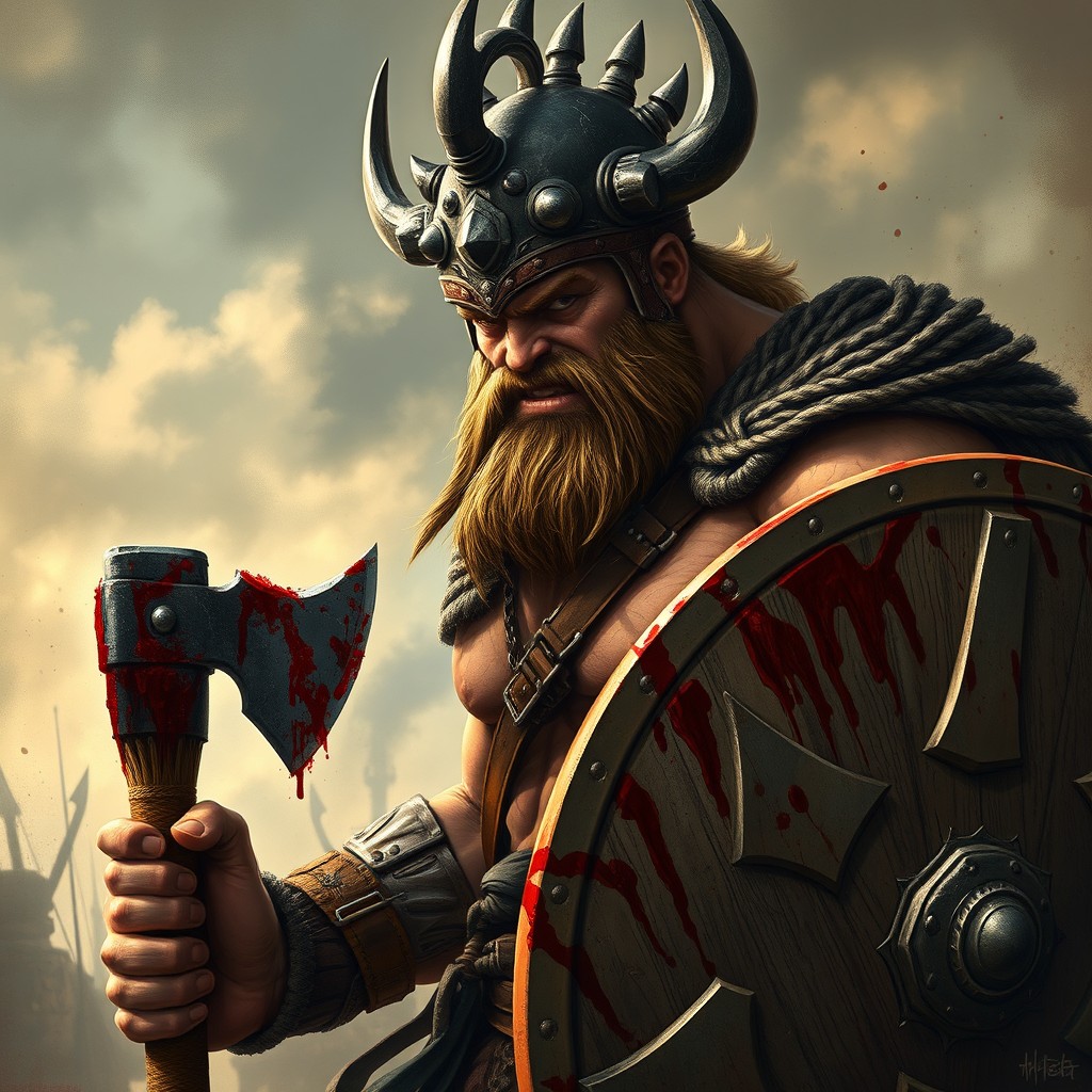 A fierce berserker wearing a detailed Scandinavian helmet, holding a bloodied axe and shield