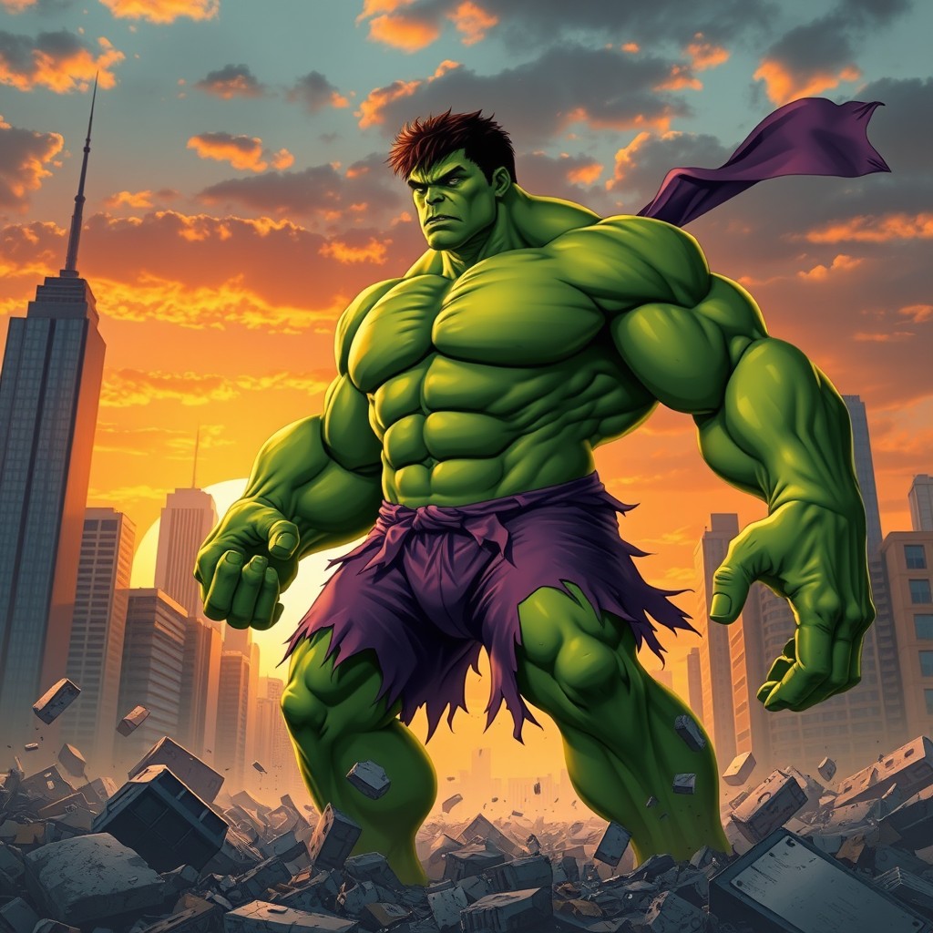 A powerful, green-skinned superhero known as the Hulk, standing in a dynamic pose in a vibrant cityscape