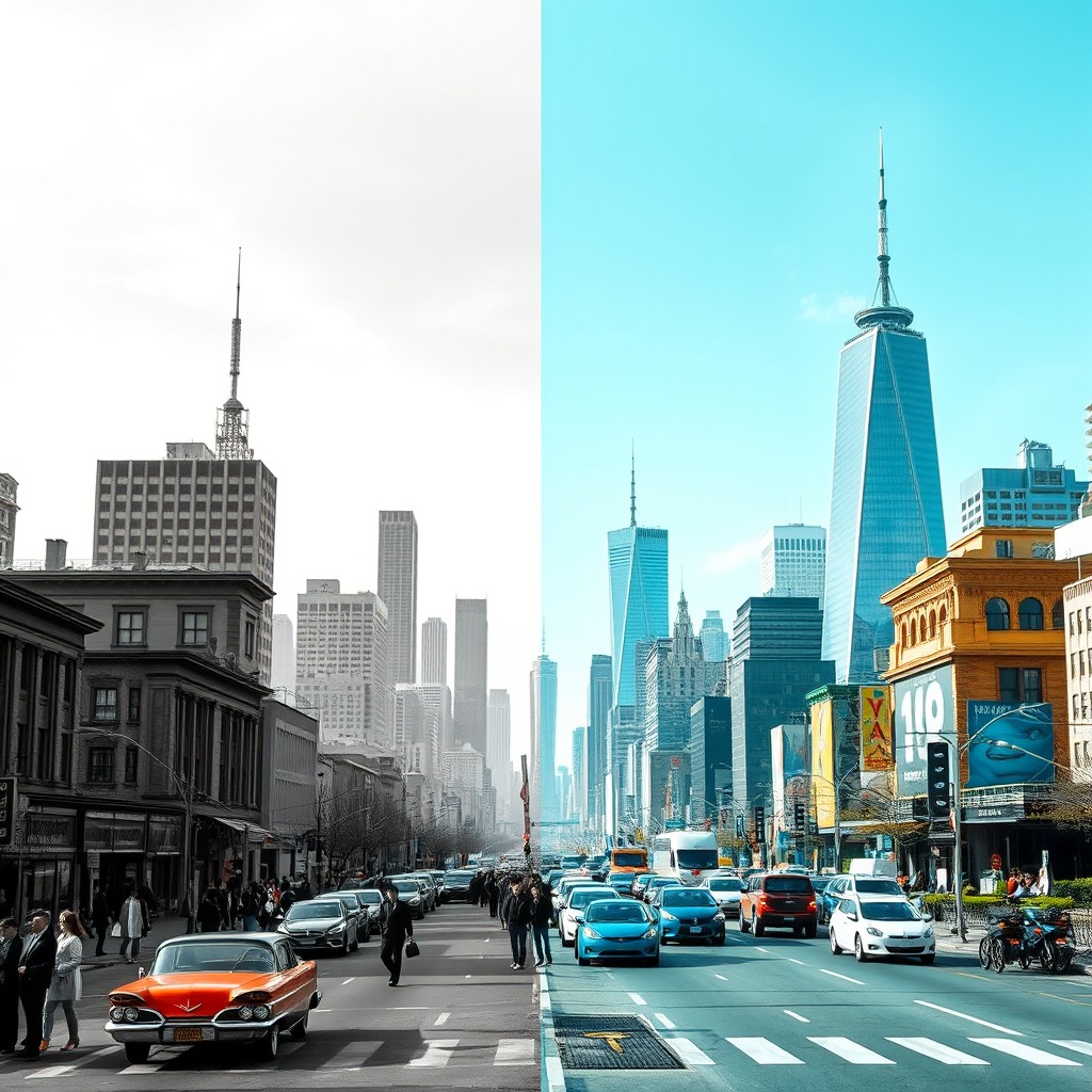 A stunning city skyline scene that transitions from the early 1960s in rich black and white on one side to a vibrant full-color view of the same skyline in 2025 on the other