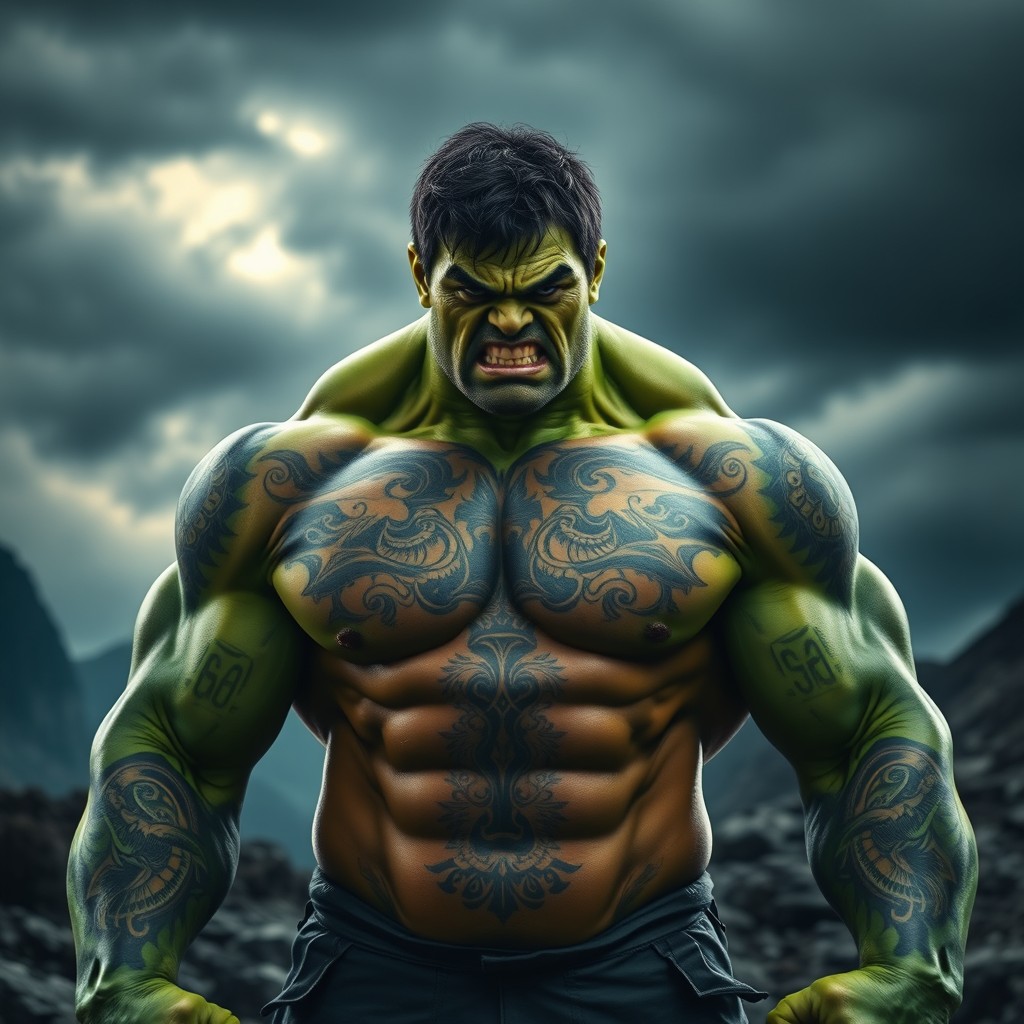 A powerful and muscular figure resembling the Hulk, with bright green skin and a fierce expression, adorned with intricate Samoan tattoos covering his arms and chest, showcasing unique patterns that tell a story of strength and heritage