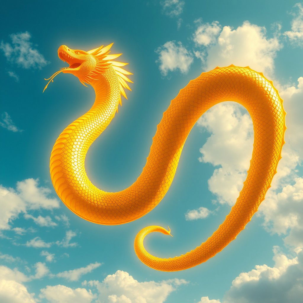 A colossal, golden glowing serpent inspired by ancient Meso-American mythology, majestically taking up the entire daytime sky