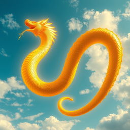 A colossal, golden glowing serpent inspired by ancient Meso-American mythology, majestically taking up the entire daytime sky