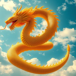 A colossal, golden glowing serpent inspired by ancient Meso-American mythology, majestically taking up the entire daytime sky