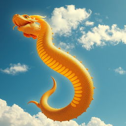 A colossal, golden glowing serpent inspired by ancient Meso-American mythology, majestically taking up the entire daytime sky