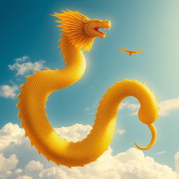 A colossal, golden glowing serpent inspired by ancient Meso-American mythology, majestically taking up the entire daytime sky