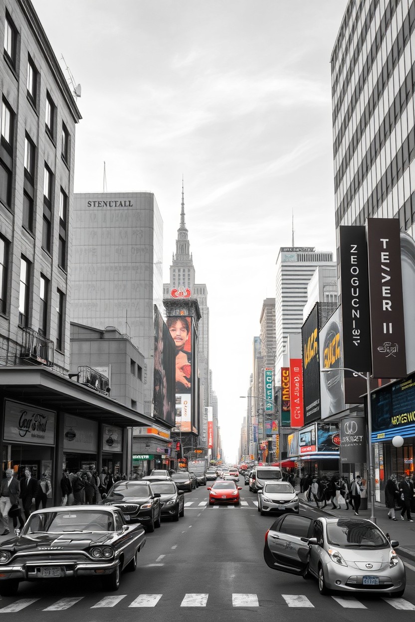 A stunning visual representation of a city scene transitioning from the early 1960s in black and white to a vibrant 2025 urban landscape in full color