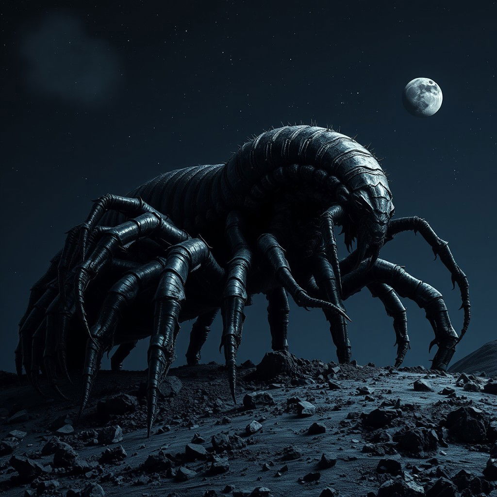 A colossal, black, crumbling centipede inspired by cosmic horror, stretching across the entire nighttime sky