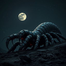 A colossal, black, crumbling centipede inspired by cosmic horror, stretching across the entire nighttime sky
