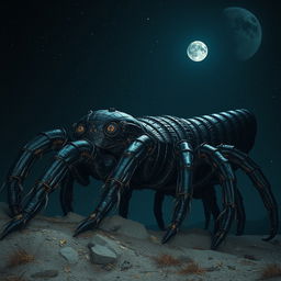 A colossal, black, crumbling centipede inspired by cosmic horror, stretching across the entire nighttime sky