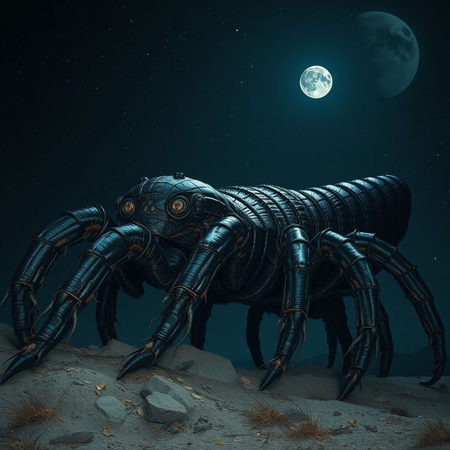 A colossal, black, crumbling centipede inspired by cosmic horror, stretching across the entire nighttime sky