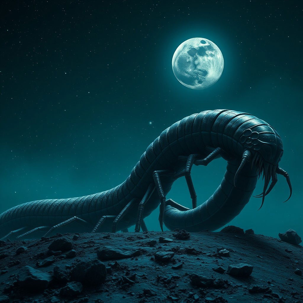 A gigantic, serpent-like black centipede inspired by cosmic horror, stretching elongated across the entire nighttime sky