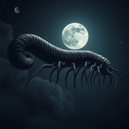 A gigantic, serpent-like black centipede inspired by cosmic horror, stretching elongated across the entire nighttime sky
