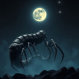 A gigantic, serpent-like black centipede inspired by cosmic horror, stretching elongated across the entire nighttime sky