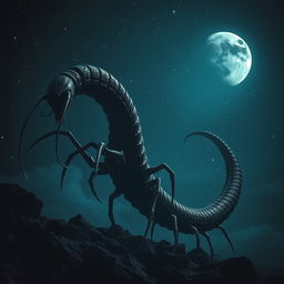 A gigantic, serpent-like black centipede inspired by cosmic horror, stretching elongated across the entire nighttime sky