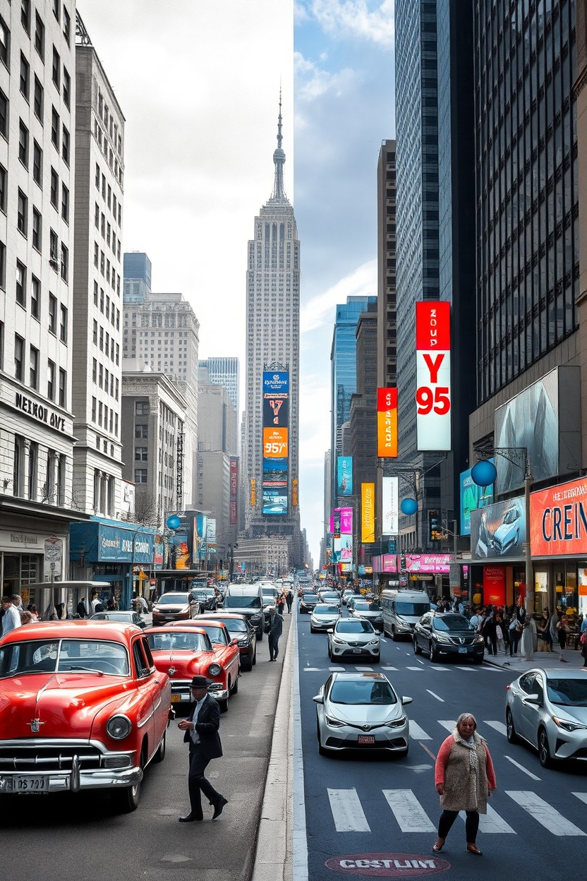 A captivating visual representation of a city scene divided into two halves: the left side depicts an early 1960s US city in rich black and white, featuring classic cars, vintage storefronts, and people dressed in period attire, all set against an iconic backdrop of the time