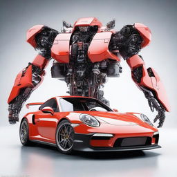 Transform the previously created Porsche 911 poster into a mecha-style, incorporating elements of robotic and mechanical design inspired by Neon Genesis Evangelion