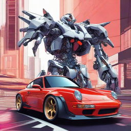 Transform the previously created Porsche 911 poster into a mecha-style, incorporating elements of robotic and mechanical design inspired by Neon Genesis Evangelion